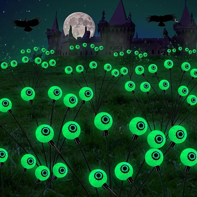 Dazzle Bright Halloween Decorations Outdoor, 4 Pack 24LED Solar Eyeball Pathway Lights, Scary Waterproof Solar Green Firefly Lights for Garden Lawn Yard Decor