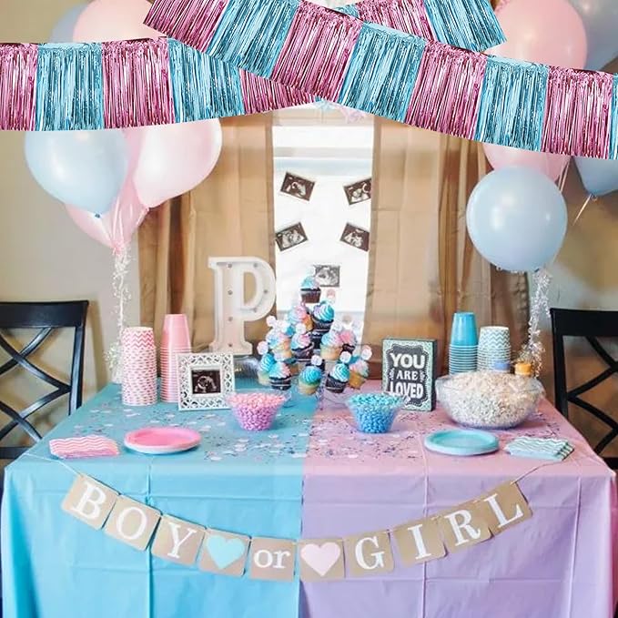 BEISHIDA 3 Packs Metallic Foil Fringe Garland Pink Light Blue Wall Hanging Tinsel Fringe Banners for Car Floats Bridal Shower Wedding Birthday Graduation Holiday Party Decoration(30 Feet)