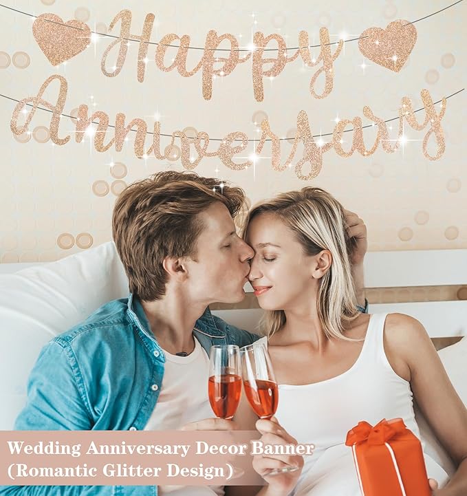 Happy Anniversary Banner, Champagne Gold Happy Anniversary Sign, Pre-Assembled for Wedding Party Celebration Decor (Champagne Gold0