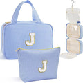 YOOLIFE Travel Toiletry Bag Makeup Bag - Hanging Toiletry Bag for Women, Portable Toiletries Travel Bag and Cosmetic Bag, Airplane Travel Essentials Travel Toiletry Bag - Letter J, Blue