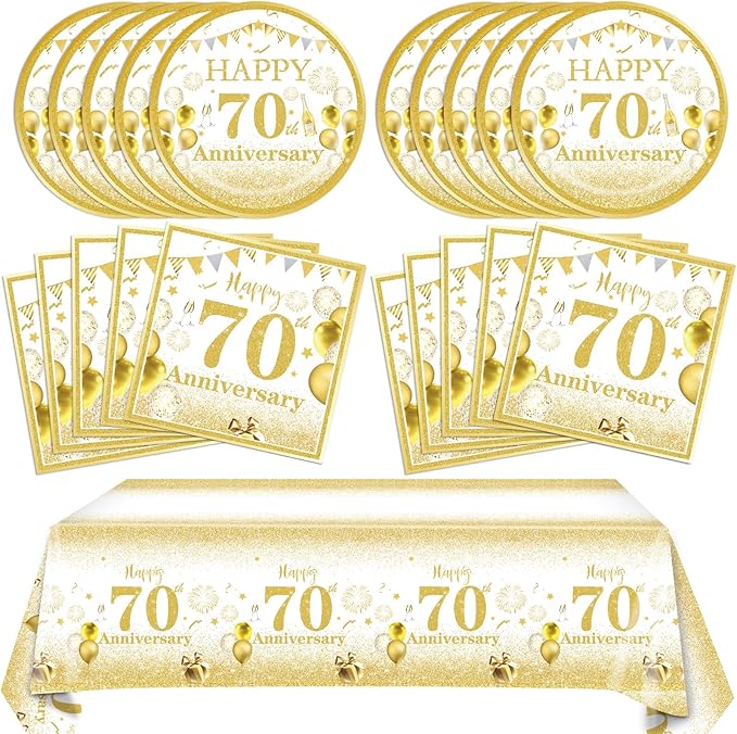 41PCS 70th Anniversary Decorations Cheers to 70 Years Disposable Tableware Including Plates Napkins Tablecloth for Men Women 70th Birthday Anniversary Party Supplies, 102-25
