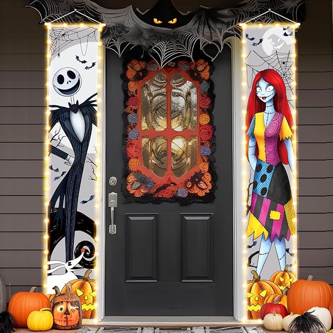 Jack Sally Lighted Banners Porch Signs Halloween Decor Christmas Nightmare Banner Decorations Outdoor Party Tivee-J-H2