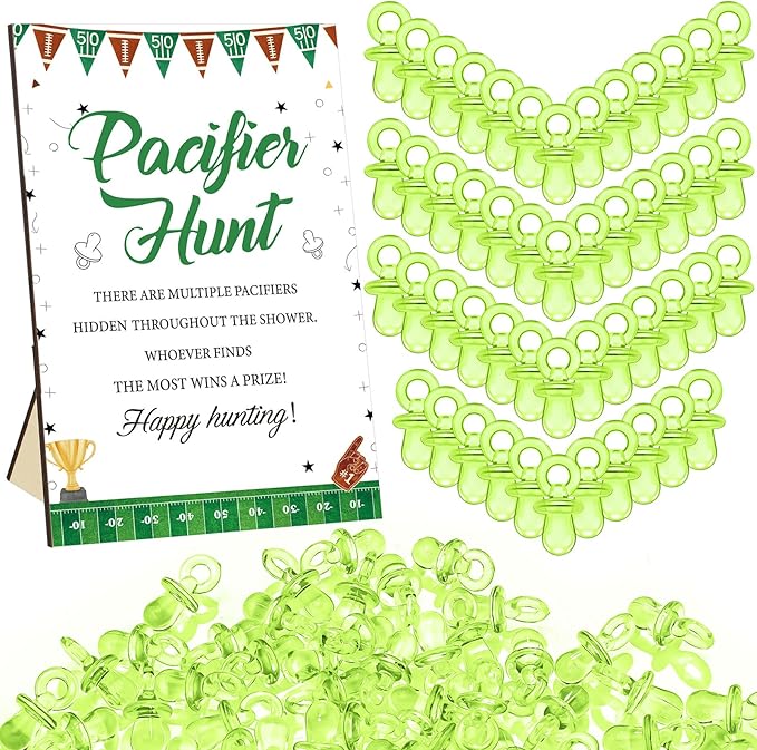 Thyle 51 Pcs Football Pacifier Hunt Baby Shower Games Forest Animal Baby Shower Game Decoration Include Hunt Sign and Acrylic Pacifiers Touch Down It's a Boy Gift Sets for Gender Reveal Party Decor