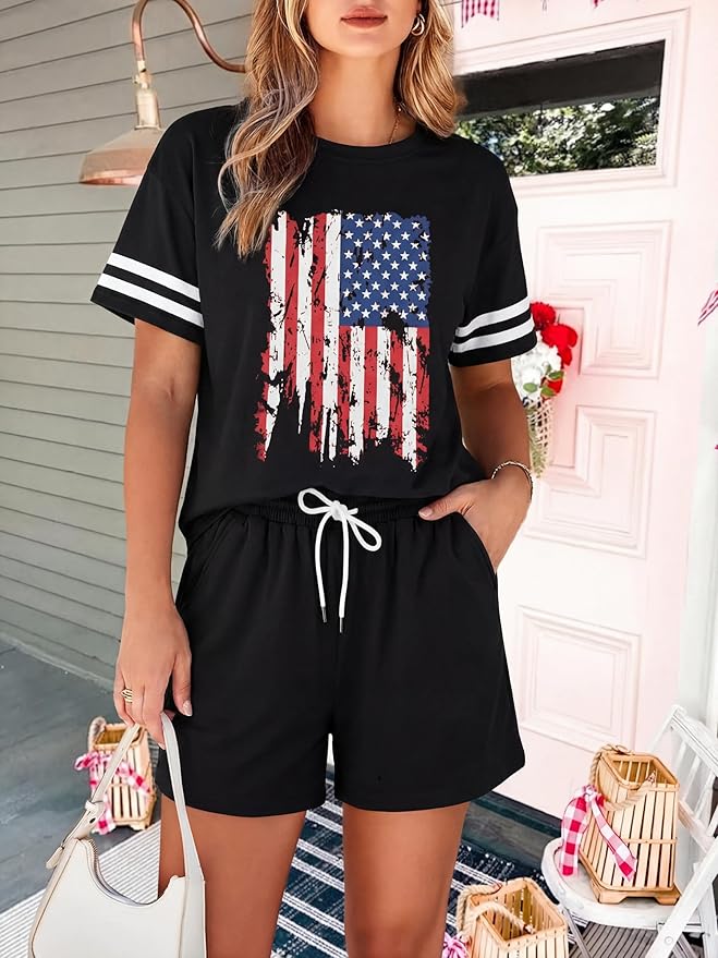 VILOVE 4th of July 2 Piece Sequin Outfits Women 250 Anniversary Usa Shirts and Short Sets Casual Patriotic Shirt Summer Set