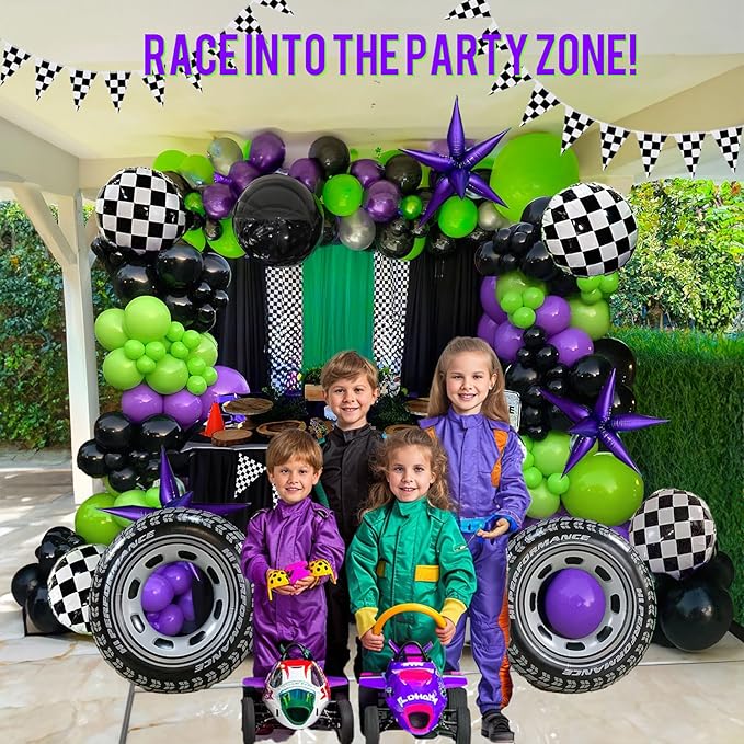 Monster Truck Purple and Green Black Balloon Garland Arch Kit with Big Wheels checkered star mylar foil tire balloons For Kids 3th 4th Birthday Monsters Racing Car Theme Party Decorations
