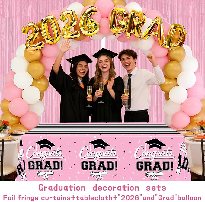 7-Pack Graduation Party Decorations Set, 3 Pink Graduation Tablecloths 54x108in, 2026 And GRAD Balloons, 2 Foil Fringe Curtains for High School College Graduation Party Photo Booth