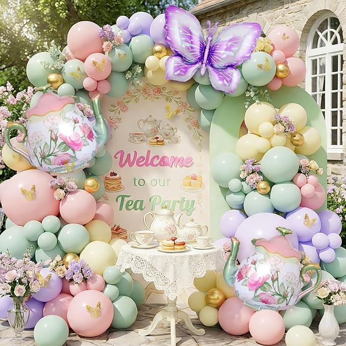 Tea Party Decorations, 154Pcs Tea Party Balloon Arch Garland Kit with Pastel Pink Yellow Green Balloons Teapot Butterfly Foil Balloon for Girls Birthday Let's Par Tea Spring Garden Party Decorations