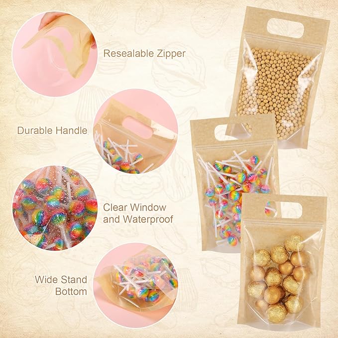 Sinload 120 Pcs Plastic Gift Bag Bulk 5.5 x 8.7 Inch Resealable Party Goodie Bag with Clear Window Color Favor Pouch with Handle for Home Birthday Wedding Party Candy Gift Wrap Supply(Kraft)