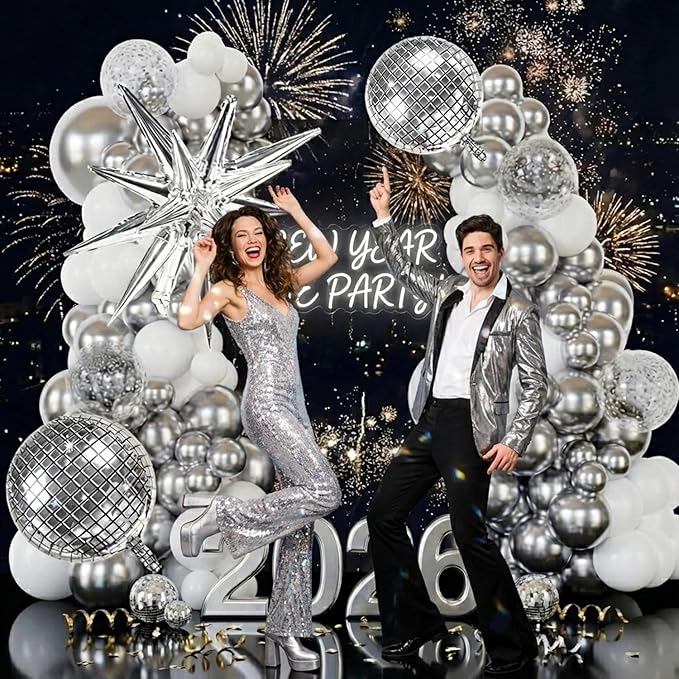 Disco Party Balloon Garland Arch Kit 134 Pcs Metallic Silver Matte White Confetti Balloons Disco balls for Adult Birthday Dancing Decor Graduation Party New Year Eve 2026 NYE Decoration
