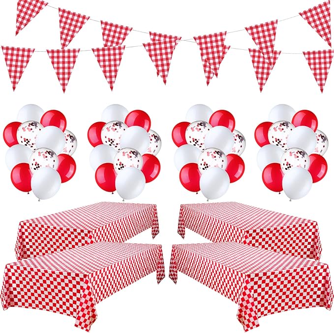 4 Packs 51 x 71 Inch Gingham Plaid Table Covers, 2 Pieces Buffalo Lumberjack Checkered Pennant Banner, 44 Pieces Latex Balloons for Picnic BBQ Birthday Party Decoration (Red White Plaid)