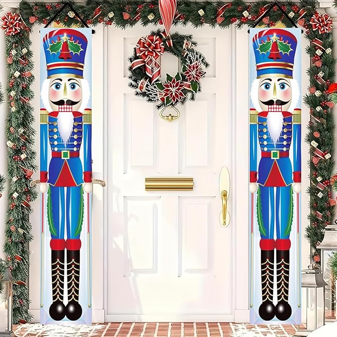 Christmas Nutcracker Door Banner 12x71 Inch Soldier Couplets Decoration for Front Porch Holiday Entryway Outdoor Xmas Wall Decor with Red Blue Toy Guard Design