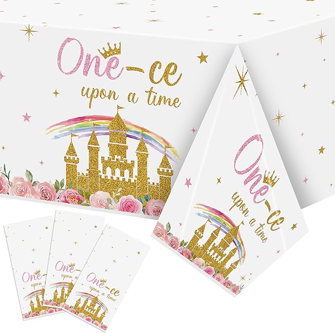 K1tpde Princess 1st Party Tablecloth - 3PCS One-ce Upon A Time Birthday Plastic Tablecloth for Girls, Princess Castle Party Floral Disposable Tablecover for Baby Shower Castle Fairytale Party Supplies