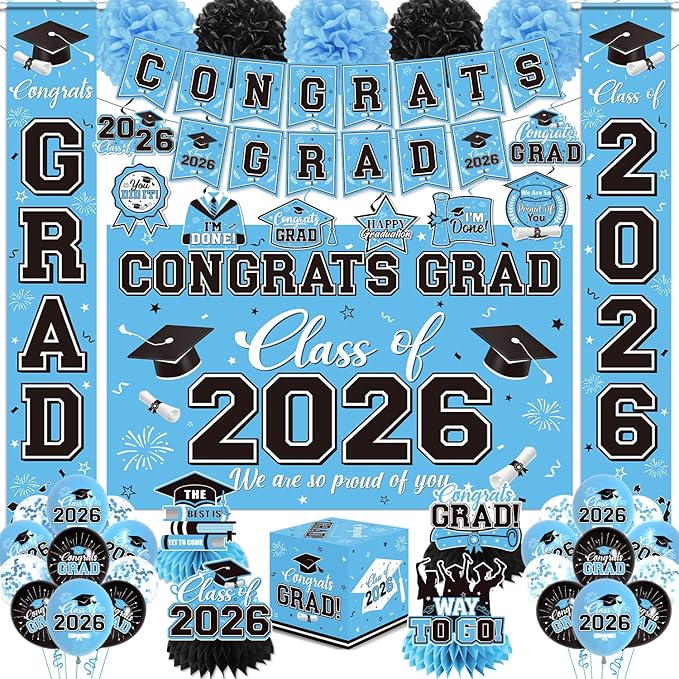 Graduation Decorations 2026 Light Blue Party Decor Set with Congrats Grad Banner, Class of 2026 Backdrop, Balloons, Box & Streamers Supplies for High School & College Celebrations