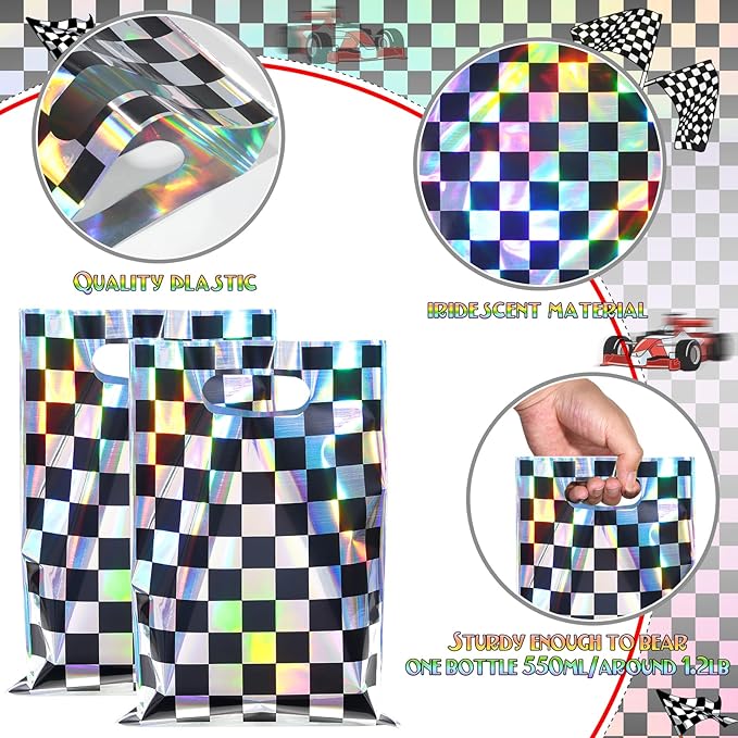 FunnyPars 50 Pcs Iridescent Checkered Race Car Party Favor Bags, Plastic Black and Iridescent Car Goodie Treat Bags, Racecar Laser Plaid Gift Bags for Kids Fast Race Car Birthday Party Decorations