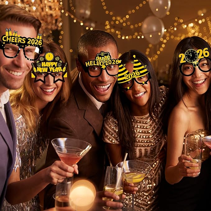 16PCS Happy New Year Glasses, New Year Paper Eyeglasses Photo Booth Props for 2026 New Year's Eve Party Supplies Decorations