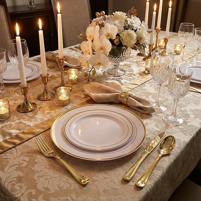 Supernal 400pcs Gold Plastic Plates for 50 Guests Heavy Duty Disposable Party Plates, 200 Gold Plastic Silverware, Linen Napkins, Clear Cups For Valentine's Day Mother's Day and Easter