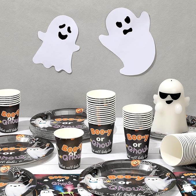 Hushee 200 Pcs Halloween Baby Shower Paper Plates Cups Napkins Party Supplies Halloween Booy or Ghoul Gender Reveal Party Decoration Disposable Tableware Set
