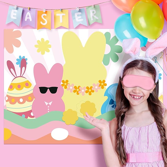 Pin The Tail On The Bunny Game Happy Easter Chick Large Poster with 24 Pcs Stickers Blindfolds Fun Classroom Entertaining Activity for Spring Egg Hunt Birthday Party Decorations Wall Decor