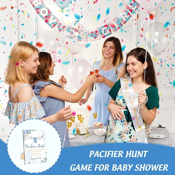 Whaline 51 Pcs Pacifier Hunt Baby Shower Game Include Watercolor Baby Clothes Wooden Sign 50 Blue Plastic Pacifier for Gender Reveal Party Favor Gift Supplies