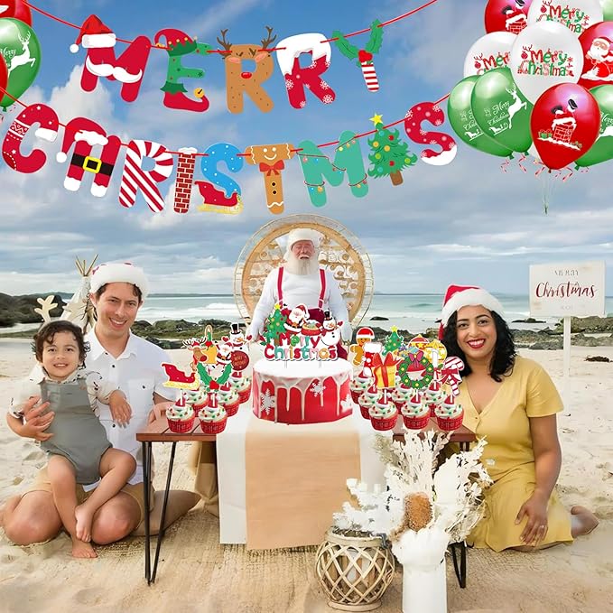 43pcs Christmas Party Decorations Merry Christmas Banner elk Ballons Snowman Santa Cake Topper for Xmas Decorations Indoor Home Decor