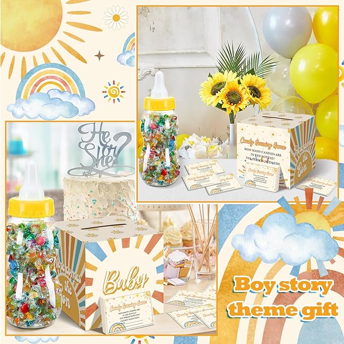 Glenmal 52 Pcs Baby Shower Games Gift Sets Large Baby Bottle for Shower Game Guess How Many Candies Decorations for Gender Reveal(Here Comes the Son)