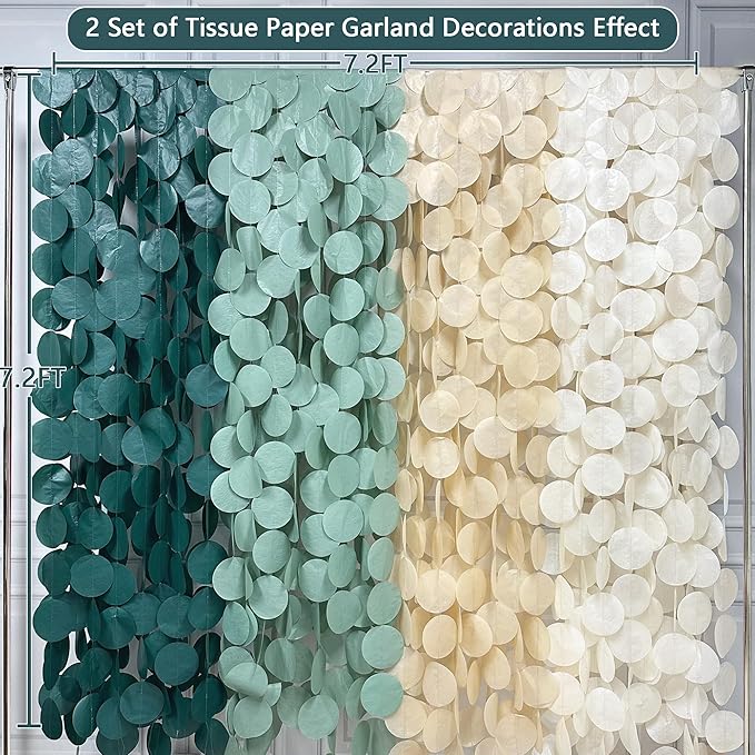 205Ft Sage Green Circle Dot Garland Backdrop Dusty Green Tissue Paper Polka Dots Hanging Streamer for Woodland Jungle Safari Neutral Birthday Baby Shower Wedding Engagement Party Decorations Supplies
