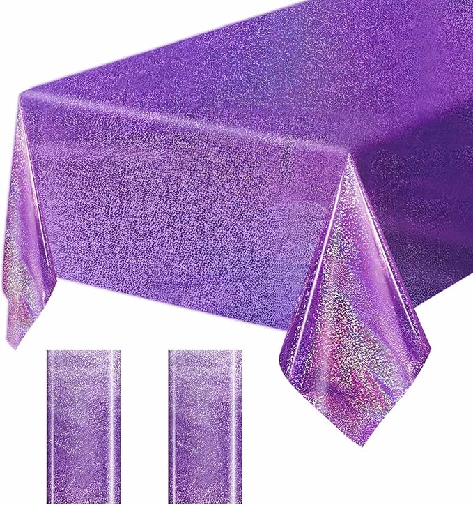 2 Pack Light Purple Iridescent Plastic Tablecloth Disposable 54 × 108 Inch Glitter Holographic Foil Table Cloth Plastic Laser Rectangle Table Cover for Birthday Wedding Disco Party