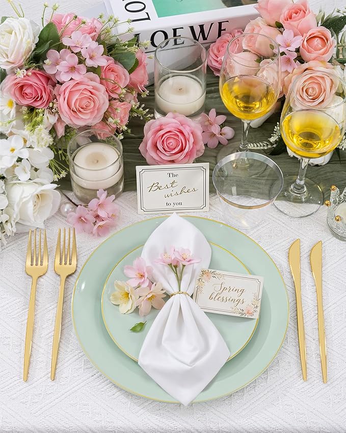 bUCLA 150PCS Green Plastic Plates - Sage Green with Gold Rim Disposable - Include 25 (Dinner & Dessert) Plates, 25 Knives, 25 Forks, 25 Spoons and 25 Cups for Party, Easter & Spring