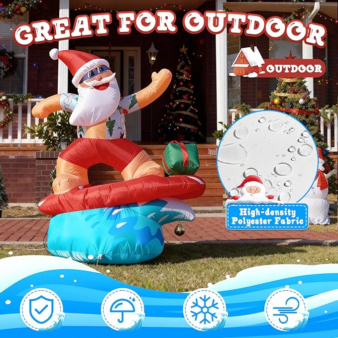 JOYHALO 6FT Surfing Santa Inflatable with Lights, Tropical Style Christmas Inflatables for Hawaiian Christmas Decorations,Christmas Blow Up for Yard Garden Lawn Holiday Party Decor