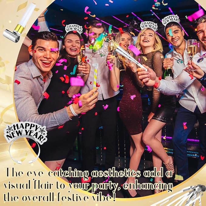 Lenwen 18 Pcs Happy New Years Eve Party Supplies New Year Noise Makers Headband Tiara Party Horn Blowers Whistles Fringed Noisemaker Novelty Favors for Adult Decoration(Silver)