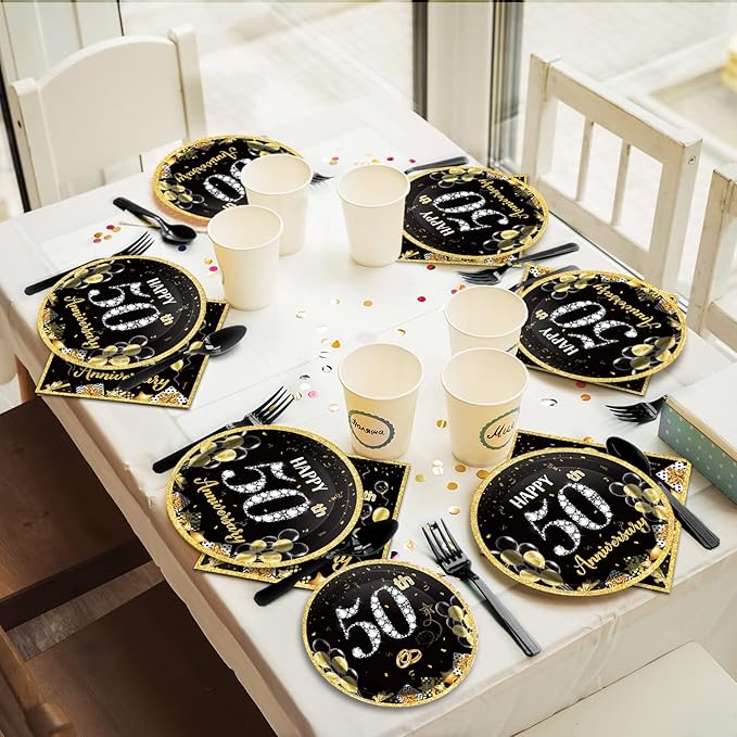 96 Pcs 50th Anniversary Party Paper Plate Napkin Fork Employee Career Wedding 50th Anniversary Gold Black Disposable Paper Dessert Dinner Tableware Fiftieth Anniversary Party Supplies Favors 24 Guests