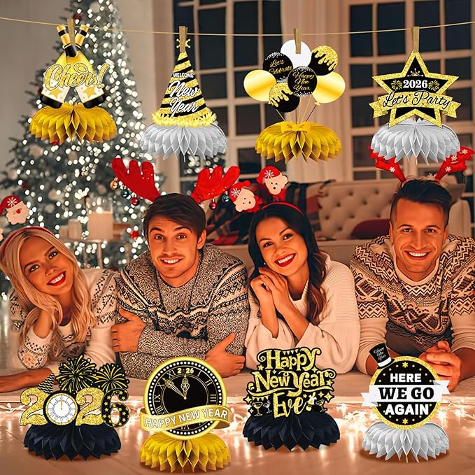 JULMELON Happy New Year Decorations 2026, 8 PCS New Years Honeycomb Centerpieces Table Decorations Black and Gold Table Toppers Decor for New Year Eve Party Supplies Favors