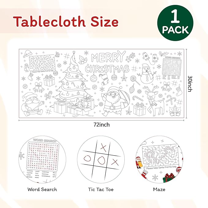 Childom 1 Pack Christmas Coloring Tablecloth for Kids,Christmas Crafts for Kids,30 x 72 Inch Disposable Paper Table Cover,Giant Coloring Poster for Children Gifts Games Activities Holiday Party Favors