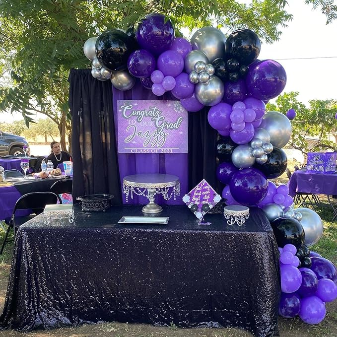 Purple and Black Balloon Arch Kit, 140Pcs Black Purple Metallic Silver and Confetti Balloon Garland kit, 22 18 12 10 5 Inch Different Size Balloons for Halloween Birthday Party Decorations