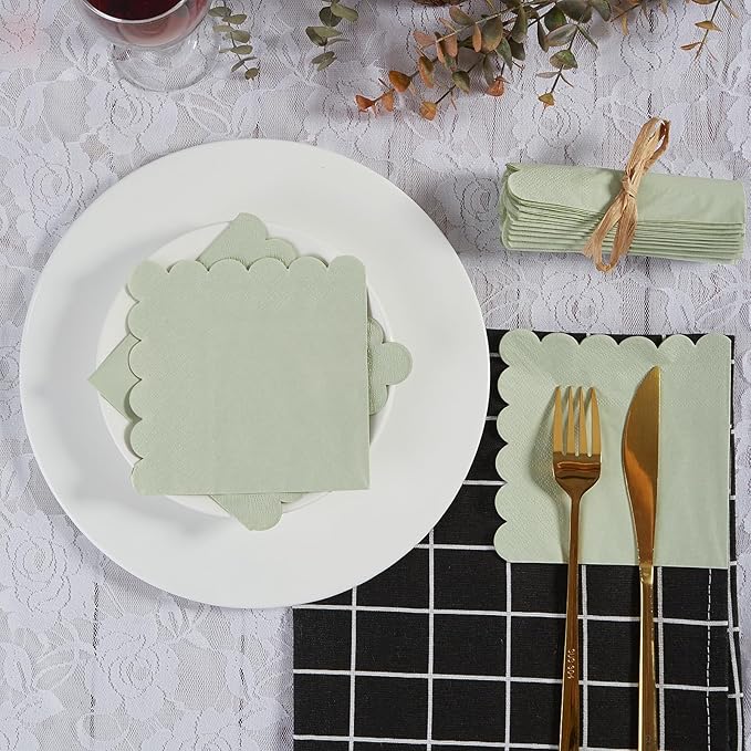 100 Pack Cocktail Napkin 2-Ply Scalloped Edged Dessert Napkins Folded 5 x 5 Inches Disposable Napkins for Dinner Wedding Birthday Party Bridal Anniversary Reception Event (Sage Green)