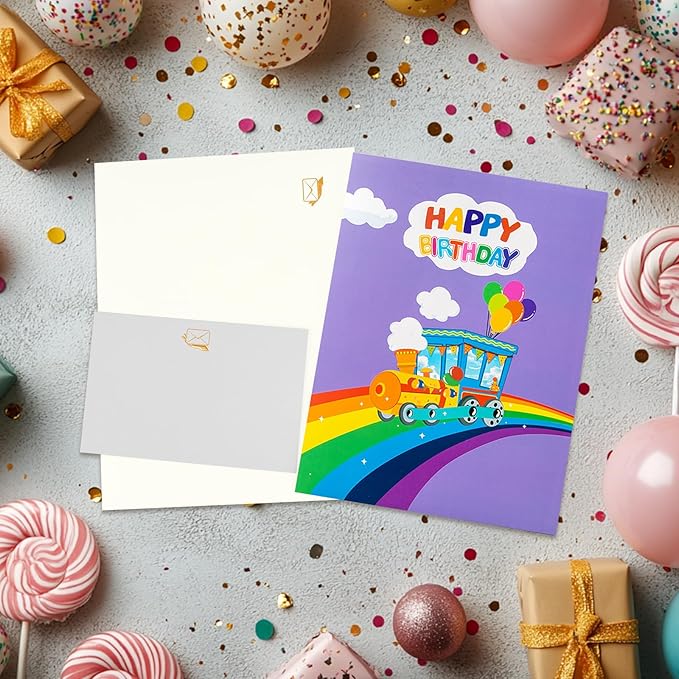 Rainbow Train Music Playing Pop Up Card Happy Birthday Greeting Card with LED Light,3D Birthday Gift for Adults and Kids with Blank Note Card & Envelope, Foldable Celebration Cards