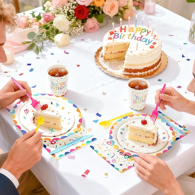 Multicolor Happy Birthday Party Plates Set, 168PCS Ribbons and Dots Stars Paper Plates Napkins Cups and Colorful Cutlery Set, 24 Set Colorful Disposablem Tableware Set for Birthday Party Decorations