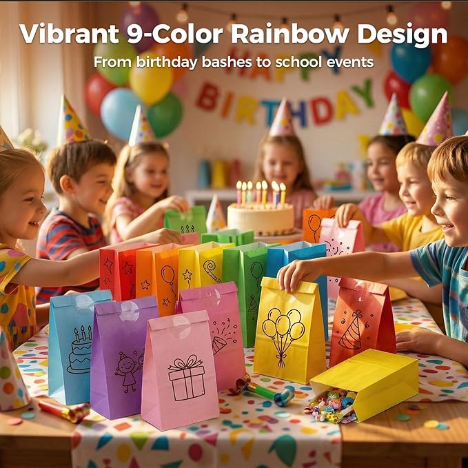 VGOODALL 24PCS Colored Paper Bags, Party Favor Treat Bags with Stickers Goodie 9 Colors for Wedding Birthday Baby Shower 8.7”x 4.7”x 3”