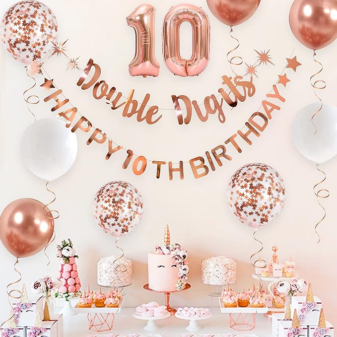 Rose Gold Double Digits Happy 10th Birthday Banner Garland Foil Balloon 10 for Girls Boys 10th Birthday Decorations Hanging 10 and Fabulous Cheers to 10 Years Old Ten Birthday Party Supplies Backdrop
