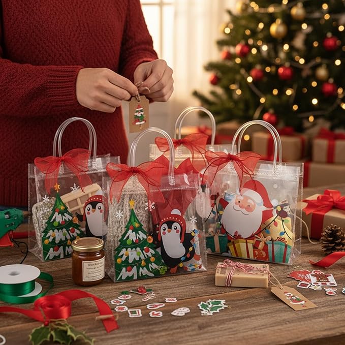 Henoyso 12 Pcs Christmas Clear Gift Bags Plastic Candy Treat Goodie Bags Red Foil Santa PVC Wrap Totes with Handles and Ribbon Xmas Party Favors (Santa and Snowman,7.8 x 7.8 x 3.1 Inch)