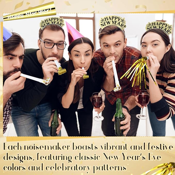 Lenwen 18 Pcs Happy New Years Eve Party Supplies New Year Noise Makers Headband Tiara Party Horn Blowers Whistles Fringed Noisemaker Novelty Favors for Adult Decoration(Gold)