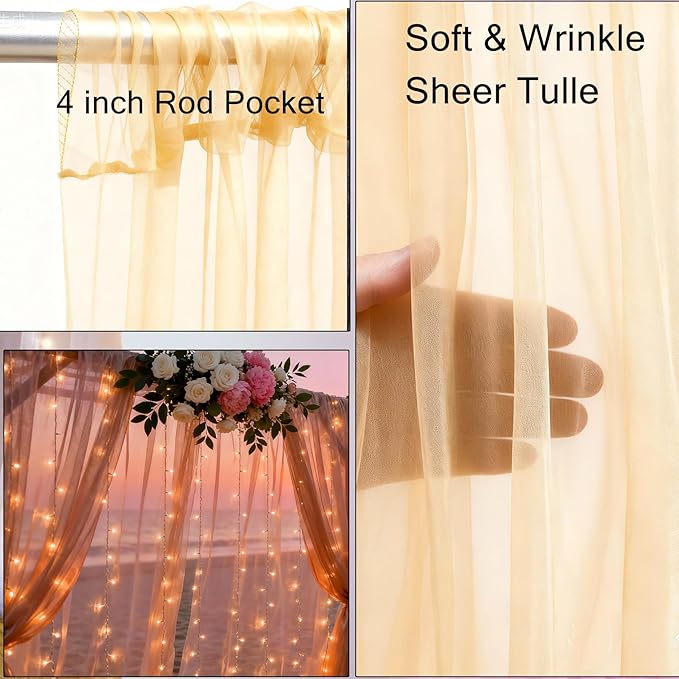 Champagne Tulle Backdrop Curtain with Lights, Elegant Sheer Photo Backdrop Drapes, Soft Fabric Curtain for Weddings Brithday Baby Shower Parties Photography Background Decor, 10ftx8ft