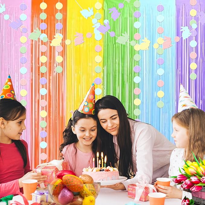 Easter Decorations Foil Fringe Curtains Photo Booth Prop Hanging Garland Easter Bunny Banner Rabbit Garland Rainbow Foil Fringe Curtains for Birthday Wedding Engagement Bridal Shower