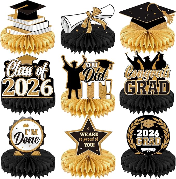 Yisong 9 Pieces 2026 Graduation Party Table Decorations Class of 2026 Congrats Graduation Centerpieces for Tables Congratulate Honeycomb Centerpiece Topper for Grad Party Supplies(Black Gold)