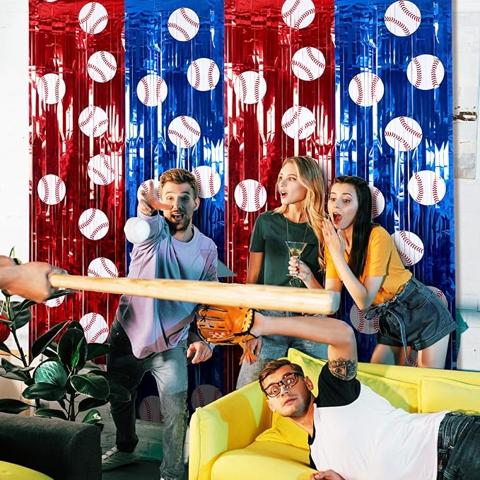 Soulchen 2 Pack Baseball Birthday Party Decorations 3.3 x 6.6 ft Baseball Backdrop Red Blue White Sports Foil Fringe Curtain Photo Props Sports Birthday Banner Party Supplies