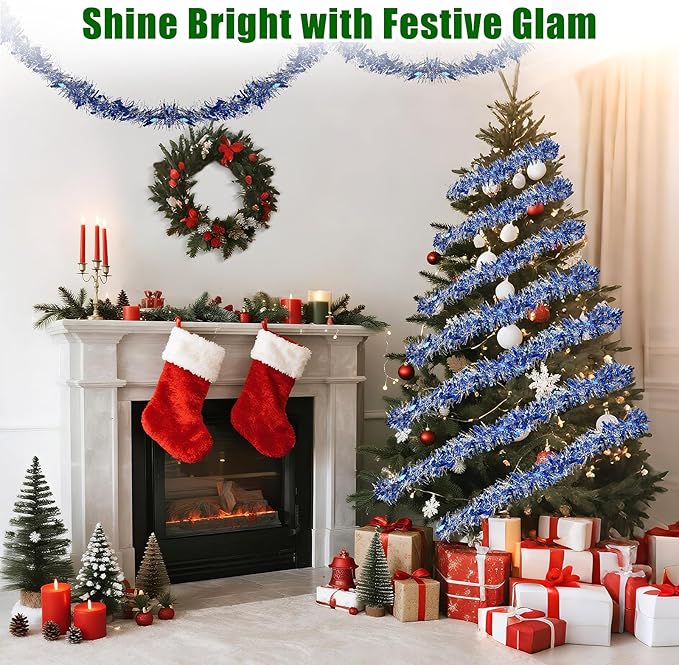 39.5 Ft Christmas Tinsel Garland, Reusable Holiday Metallic Christmas Tree Garland Decoration for Xmas, Wedding, Birthday, Home Party Decor (Blue)