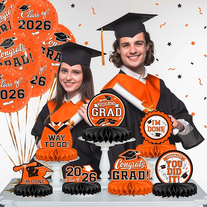9PCS Graduation Party Decorations Class of 2026 Congrats Grad Table Centerpiece Congratulate Graduation Honeycomb Table Toppers for Graduation Party Supplies(Orange,Black）