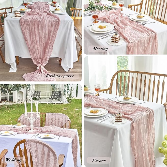 IVAPUPU 4 Pcs Cheesecloth Table Runner - 10ft Dusty Pink Easter Spring Boho Gauze Cheese Cloth Table Runners for Baby Shower Decoration Wedding Party Summer Garden Farmhouse Decor