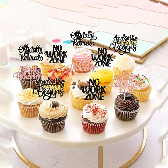 30 PCS Happy Retirement Cupcake Toppers Officially Retired Cupcake Picks No Work Zone Adventure Begins Cake Decorations for Retirement Theme Farewell Birthday Party Supplies Black Rose Gold