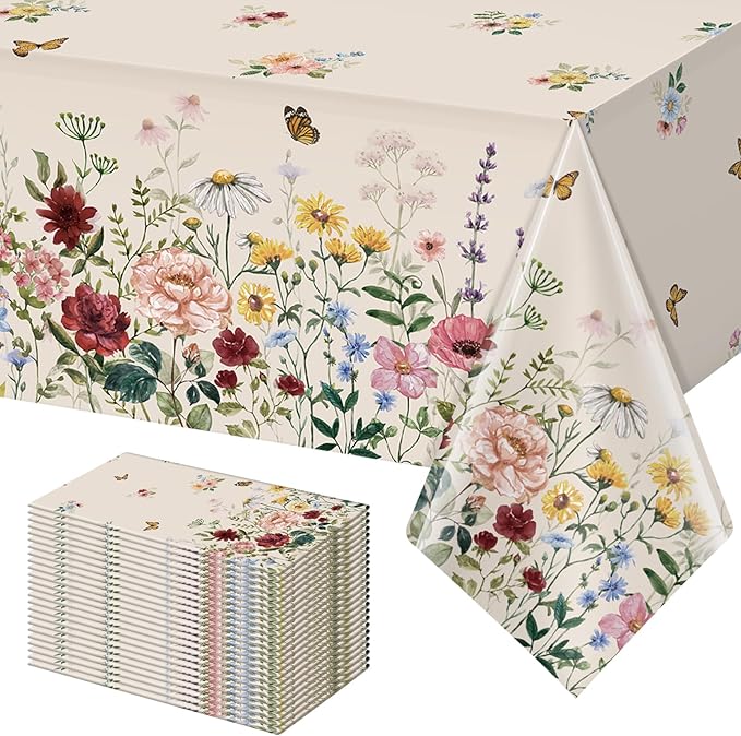 24 Pcs Spring Floral Tablecloth, Butterfly Wildflower Plastic Disposable Tablecloth Rectangle Table Covers for Easter, Birthday, Wedding, Mothers Day Tea Party Supplies and Decorations,54 x 108 Inch
